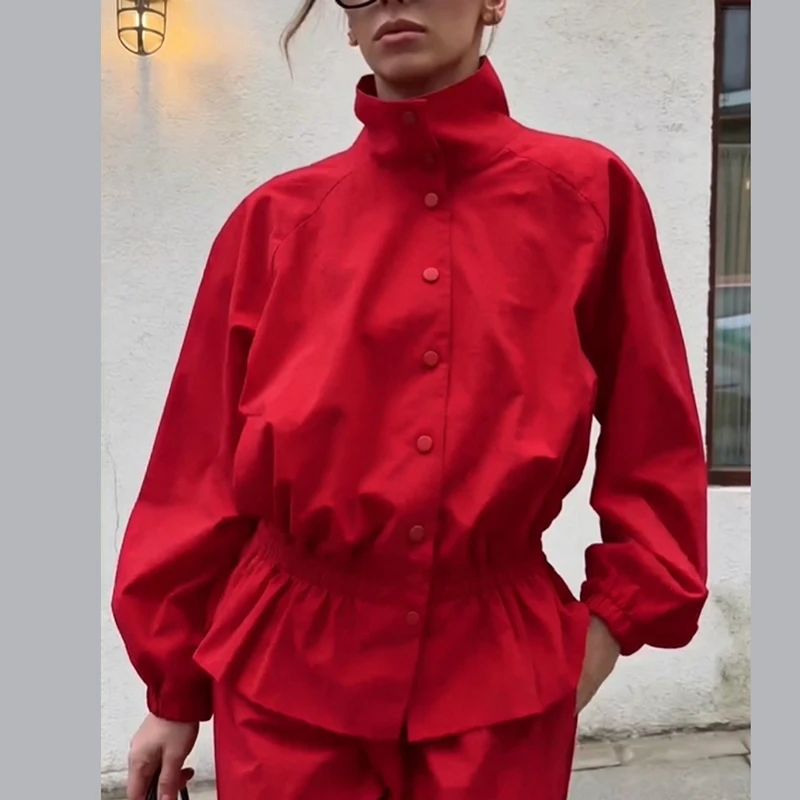 Casual Sporty Jacket Red Collar Closure Ruffled Pleated Tighten Waist Relax Coat 2026 NEW Autumn Fashion Street Women's Jackets