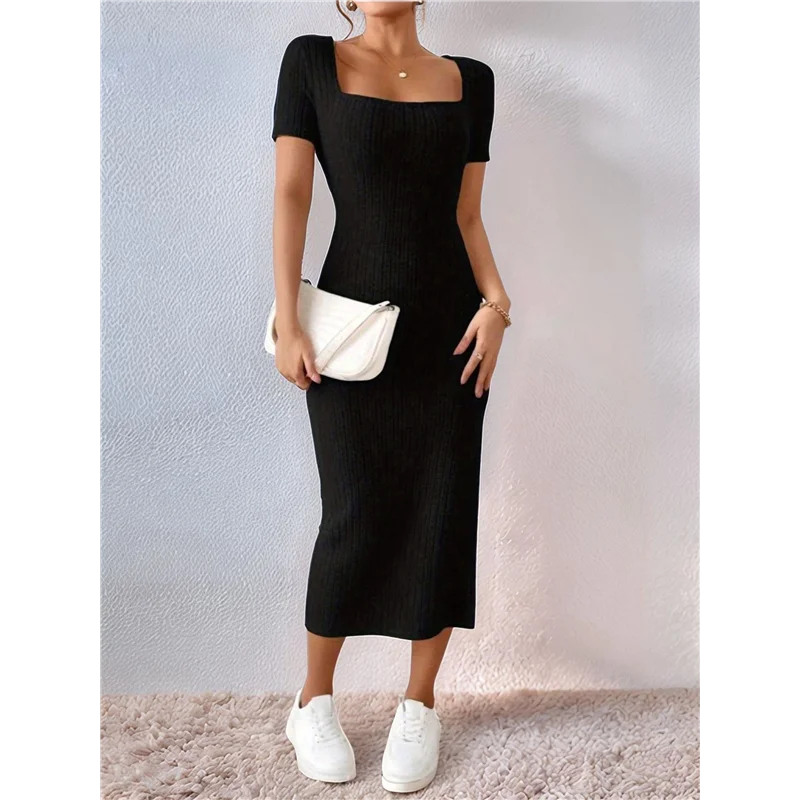 Feminino 2025 verão com nervuras manga curta bodycon maxi vestido lateral fenda malha pescoço quadrado longo vestido de verão