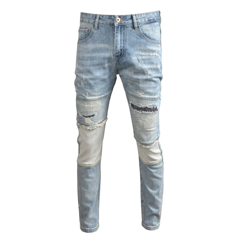 Summer Light Blue Ripped Jeans Men Streetwear Casual Patchwork Patches Pants Korean Style Fashion Slim Fit Denim Trousers