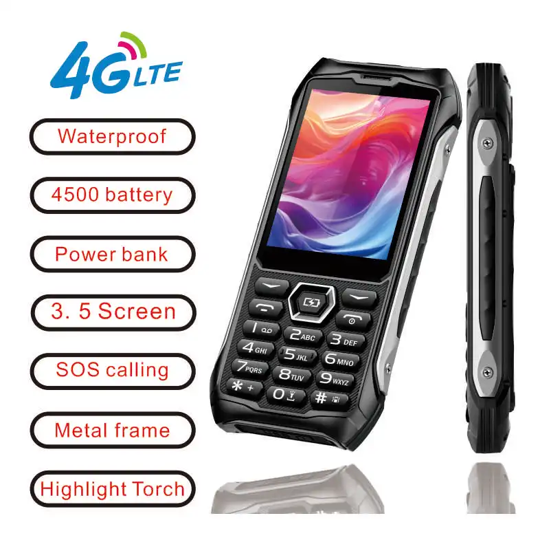 EAOR 4G IP68 Waterproof Rugged 3.5 IPS Display Big Battery Powerbank Feature Keypad Volume Side Key SOS Flashlight Mobile Phone