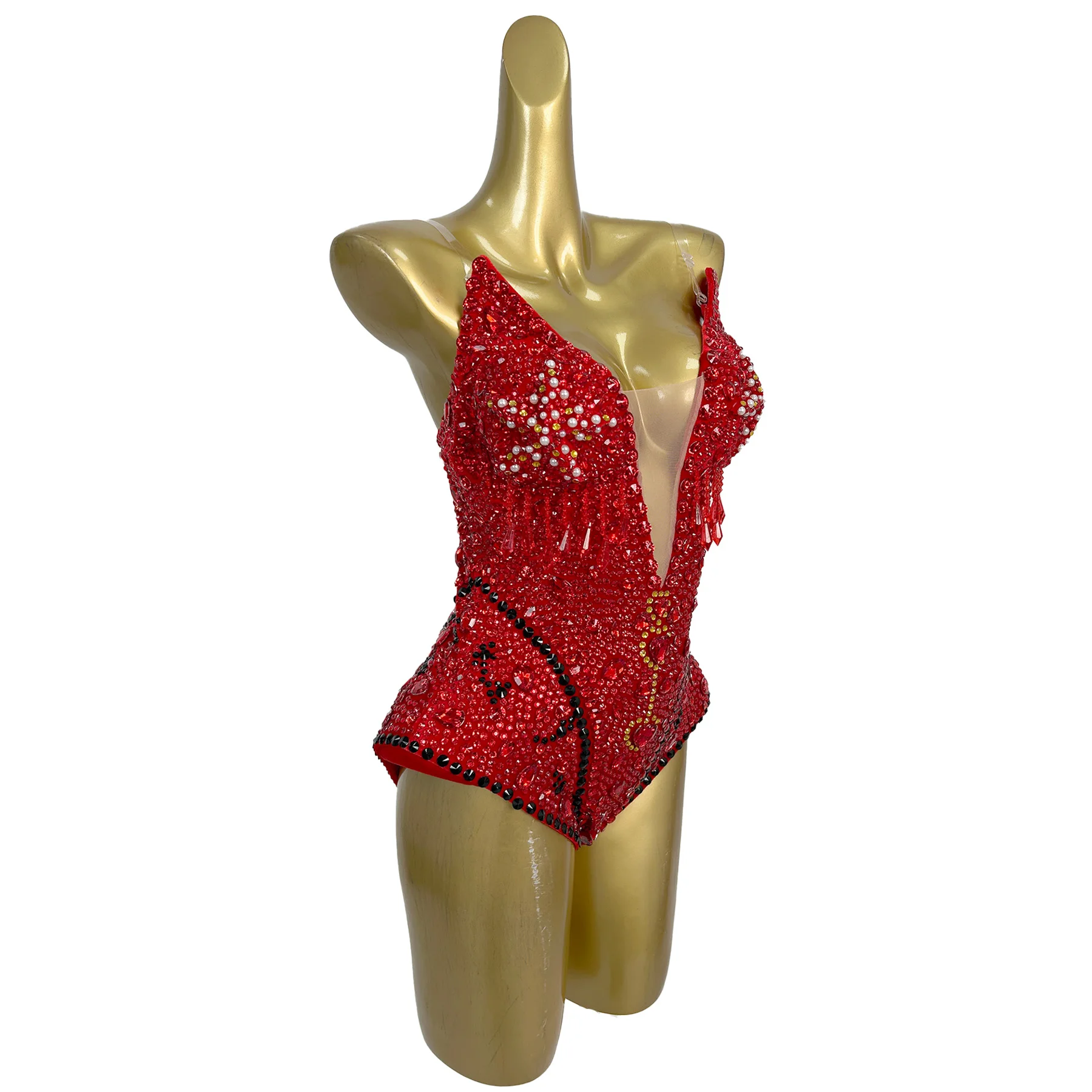 Qianwan مثير المرأة الفاخرة مرحلة الأداء زي الأحمر حجر الراين اللؤلؤ الخامس الرقبة بذلة مع قفازات قبعة 3 قطعة فساتين حفلات