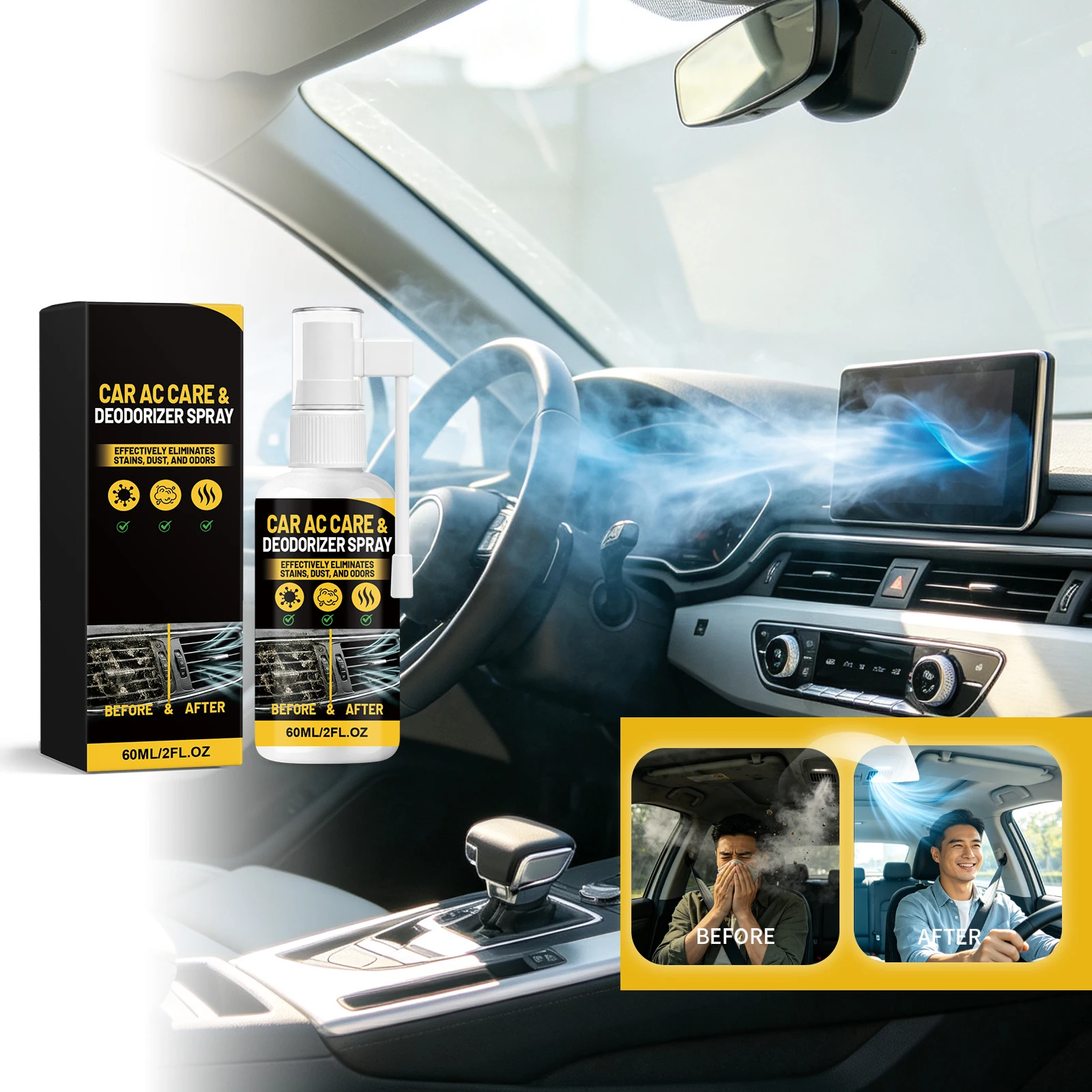 Car Air Conditioner Freshener Spray, Daily AC Cleaning for Vehicle, Remove Bad Odors, Natural Long Lasting Scent, No Disassembly, Convenient Auto Aircon Cleaner