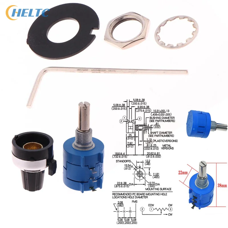 1 conjunto de eixo circular de metal 3590s kit de potenciômetro multivoltas de precisão-resistor ajustável de 10 anéis + botão rotativo e mostrador de contagem
