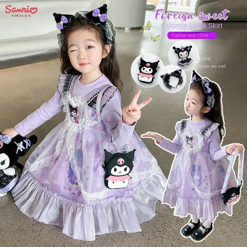 Anime Sanrio Kawaii Kuromi Girl Dress Autumn Girly Cute Children Lolita Princess Cartoon Loose Fitting Dress Birthday Party Gift