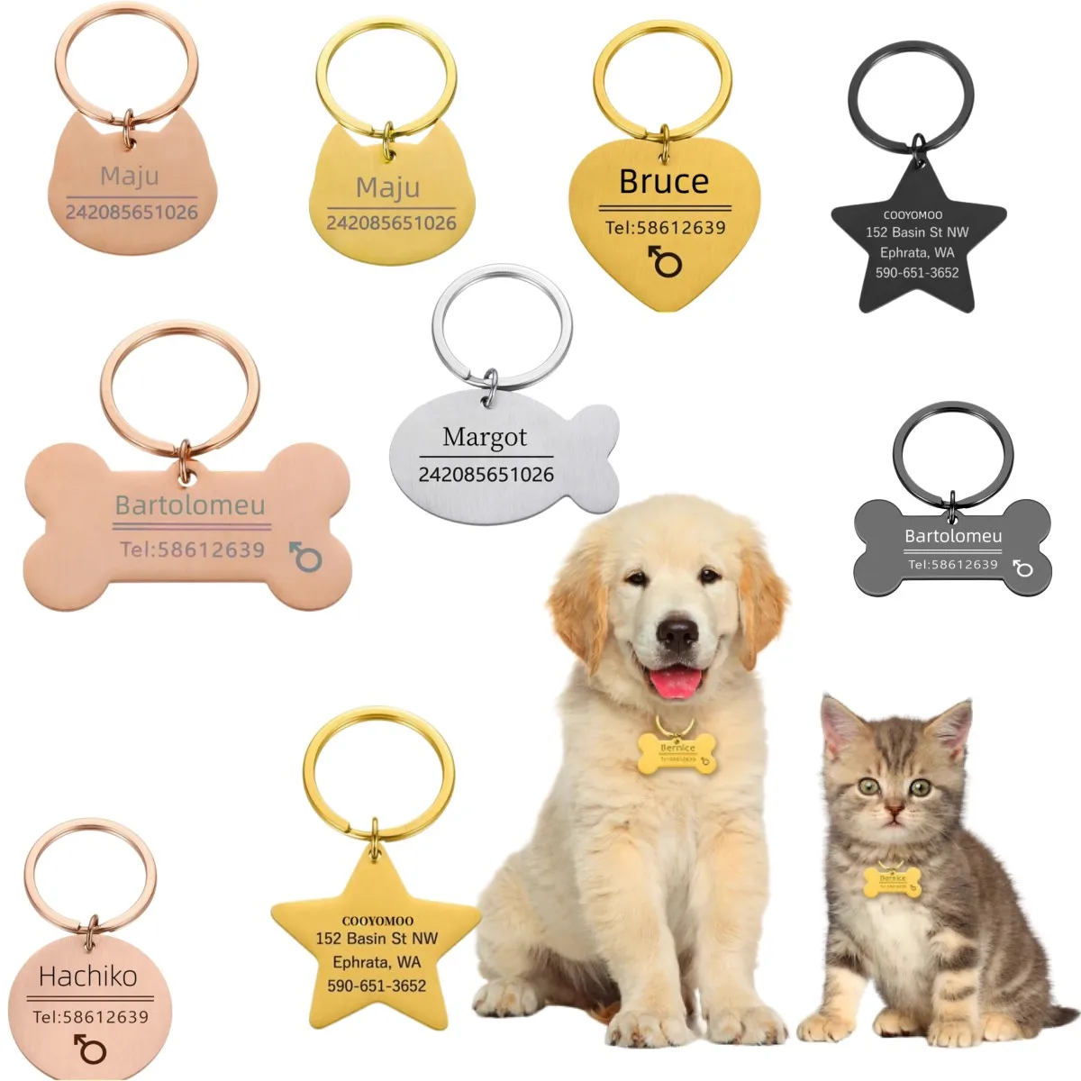 Personalized Engraved Pet ID Name Cat Dog Pet ID Anti-lost Tag Pendant for Cat Puppy Dog Collar Tag Keyring Bone Pet Accessories