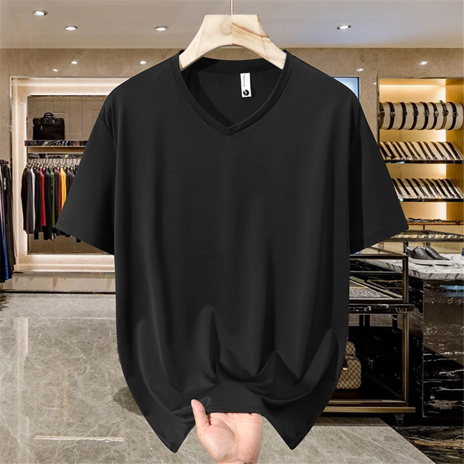 13XL 12XL T-shirt Men Summer V-neck Tshirts Fashion Casual Solid Color Short Sleeve Tops Tees Male