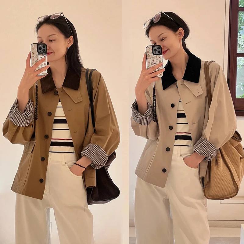 

Женское фланелевое пальто в клетку в стиле ретро в стиле ретро, повседневное свободное пальто с длинным воротником-свеком и одной пуговицей, Clo...