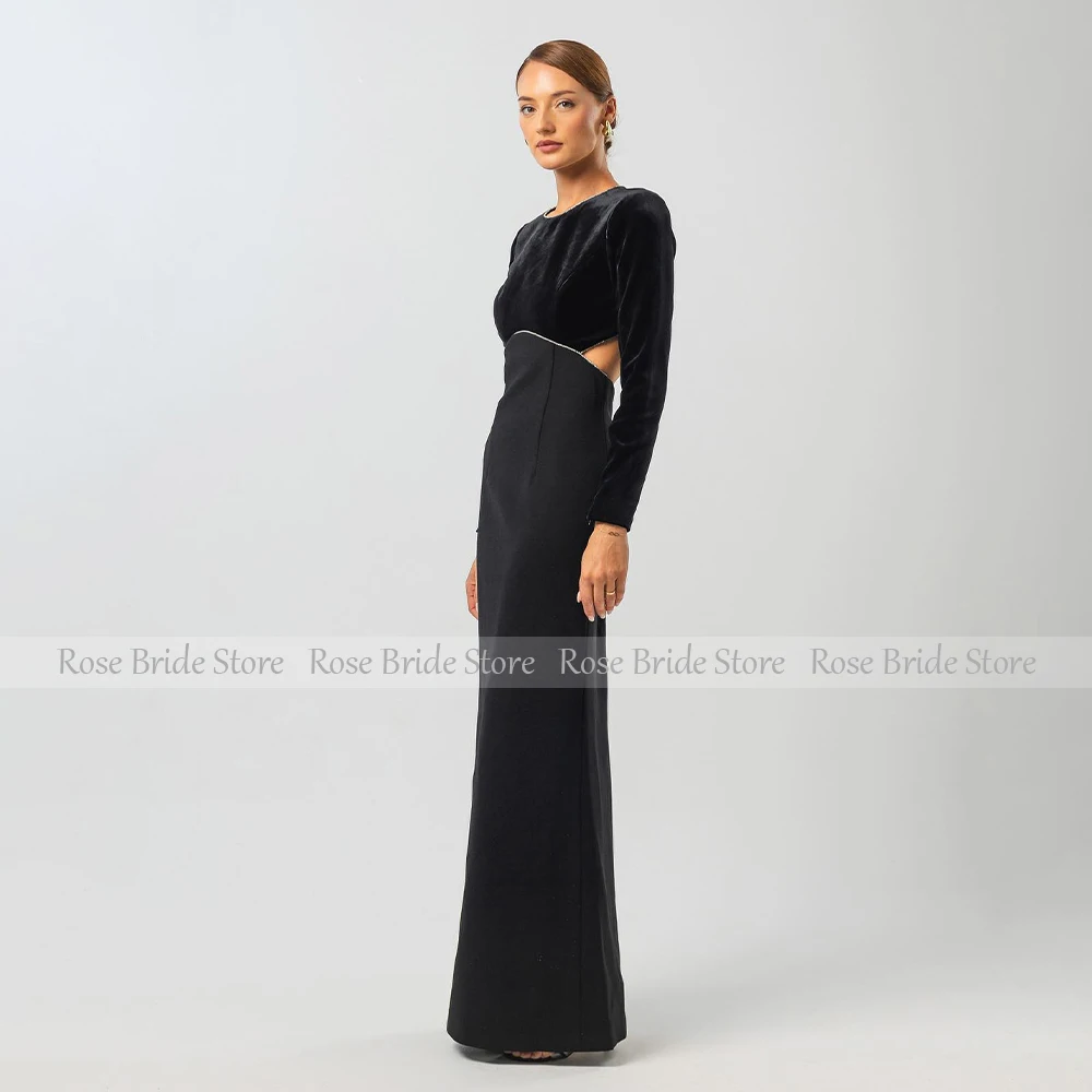 Elegant Formal Evening Dress Black Velvet Long Sleeves Column Evening Gowns for Women 2024 Open Back Floor Length Party Dresses