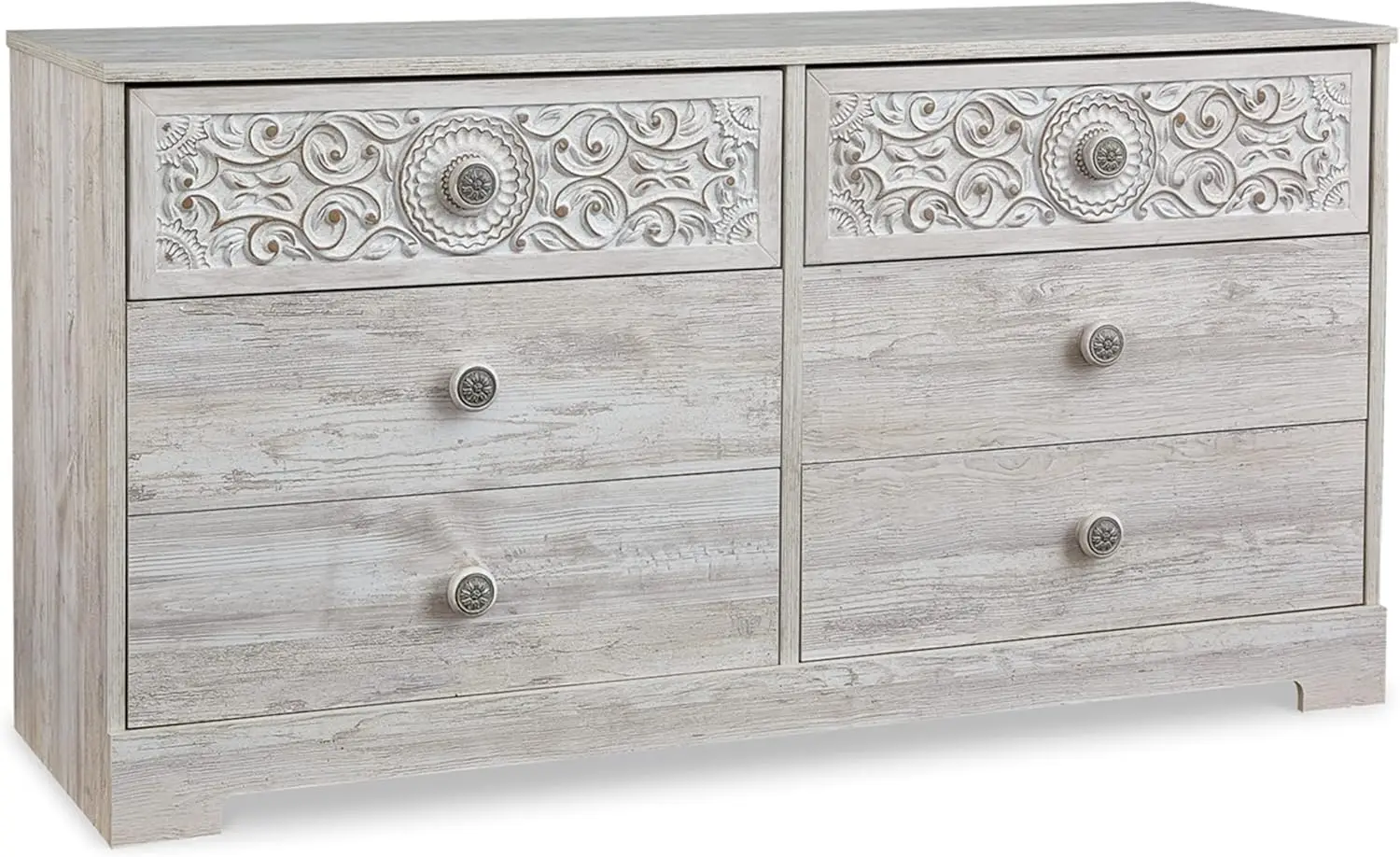 Bohemian 6 Drawer Dresser with Carved Medallion Pattern, White