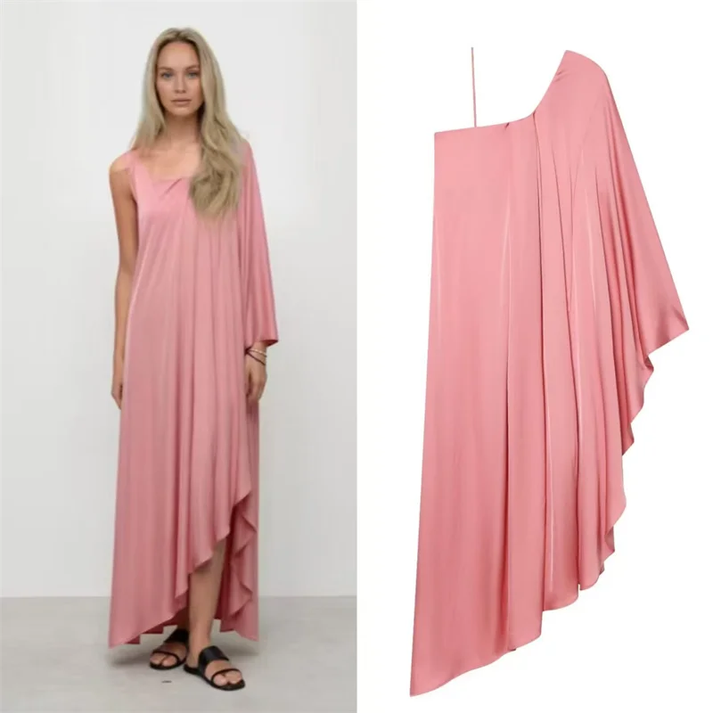 

Women's Dress 2026 Summer Fashion Trend New Pink Satin One-Shoulder Kaftan Dress Women's Dress