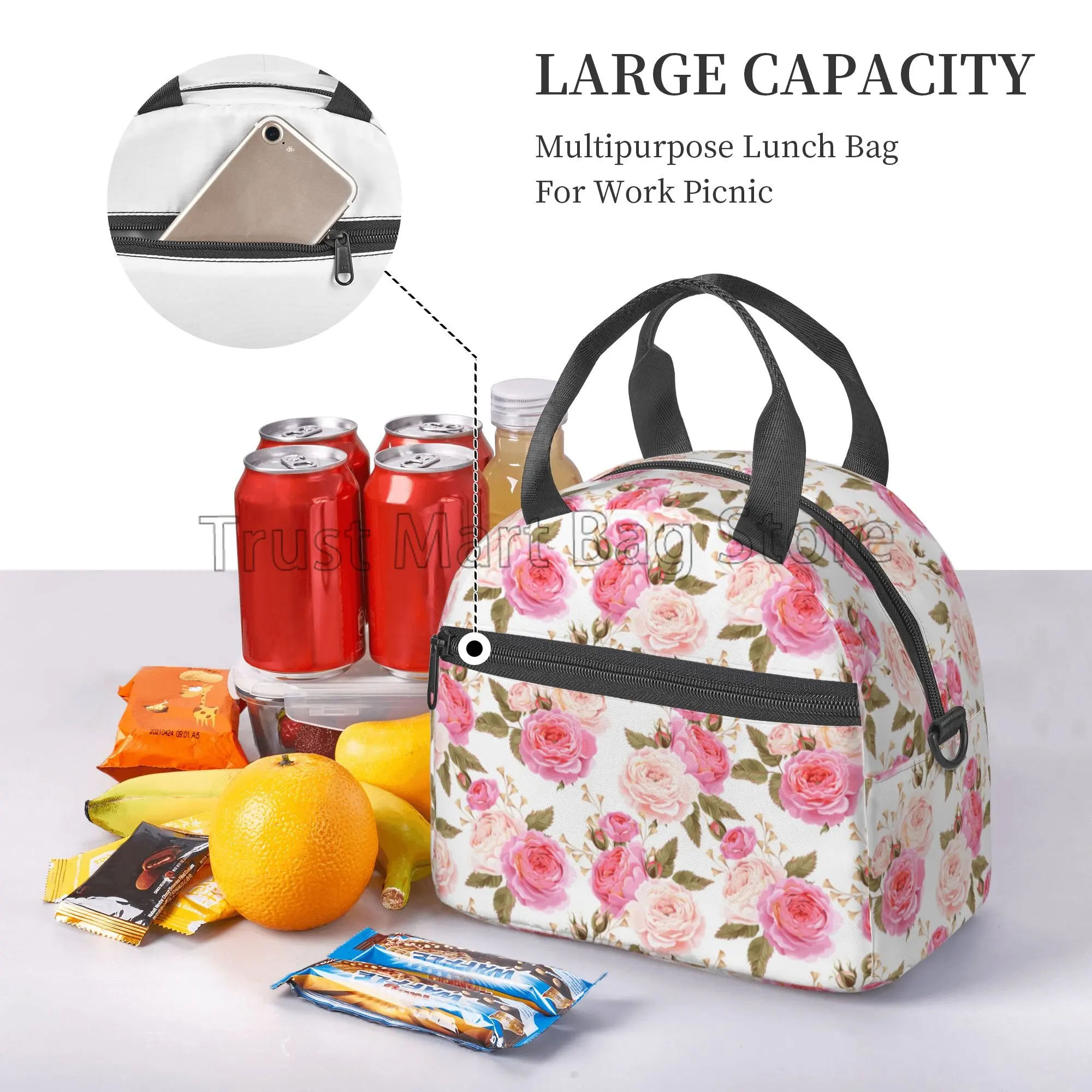 Watercolor Rose Pink Flower Insulated Lunch Box Cooler Tote for Women Reusable Thermal Lunch Bag with Adjustable Shoulder Strap