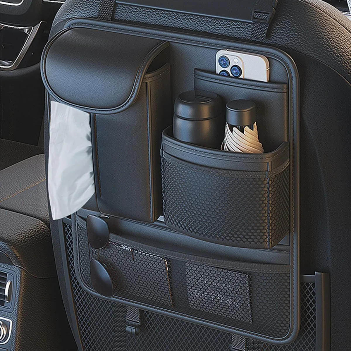

Backseat Car Organizer with Foldable Food Tray, 5 Storage Pockets, Waterproof Kick Mats, Travel Car Seat Protector