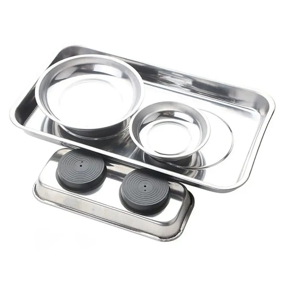 1Pcs Round Square Magnetic Parts Tray Silver Magnet Tool Organizer Multifunctional Stainless Steel Parts Bowl