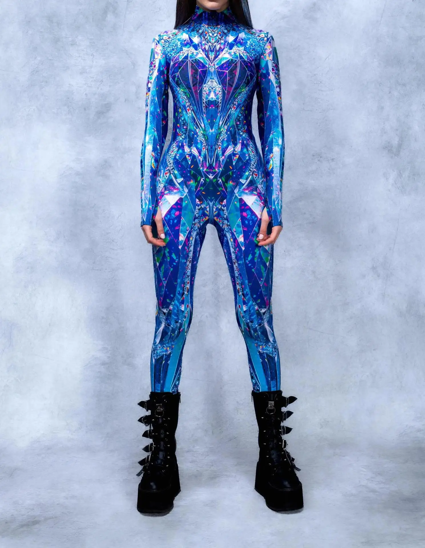 Halloween-Karneval-Party-Shows Cosplay-Bodysuit-Kostüm Dehnbarer Damen-Zentai-Outfit Farbig Diamantbedruckter Tech-Jumpsuit 2026 – Detail 3