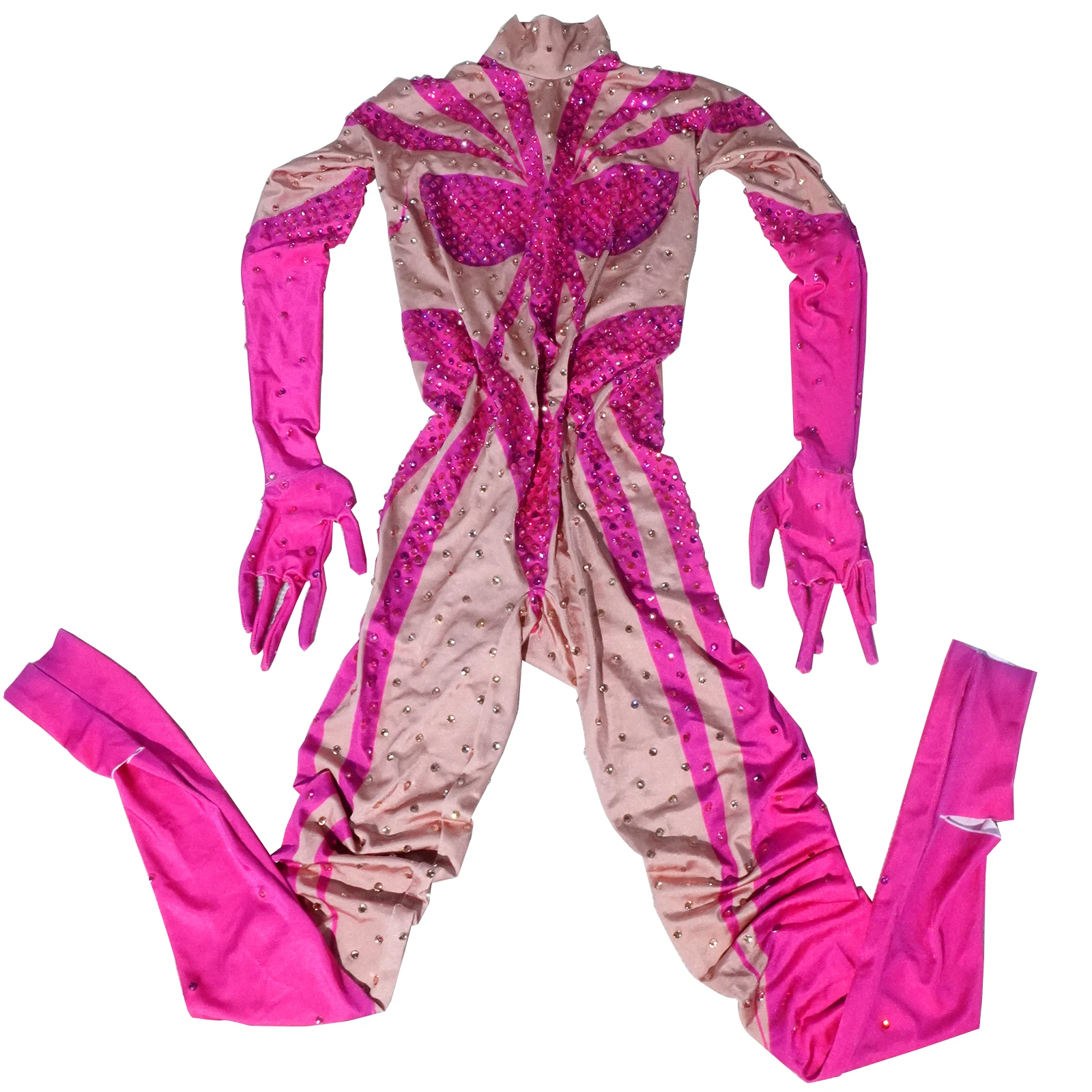 Sexy eleganter Damen-Overall mit Strass-Rosa-Druck, Stretch-Performance-Kostüm, Abschlussball, Nachtclub, Pole-Dänzerin, DS Queen's Stage DJ