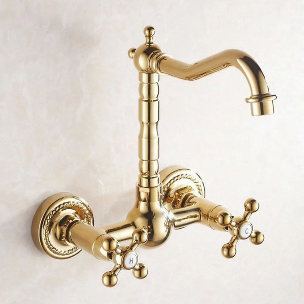 Gold Color Brass Double Handle Kitchen Faucet Wall Mounted 360 Degree Rotate Bathroom Kitchen Mixers Hot and Cold Tap Lgf018