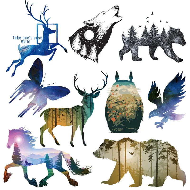 Animal Landscape Sticker Iron-on Transfers For Clothes Outdoor Adventure Heat Thermal Transfer For Clothing Stickers Washable