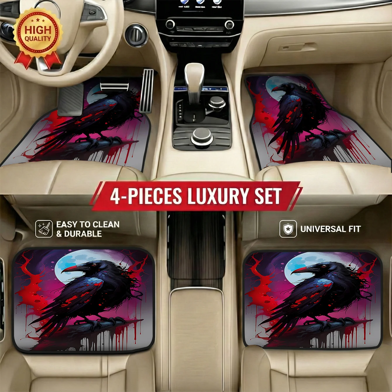 Set Of 4 Premium Raven Style Car Mats | Stylish Interior Accessory, Fits Most European Cars, Easy Maintenance & Durable, Polyest