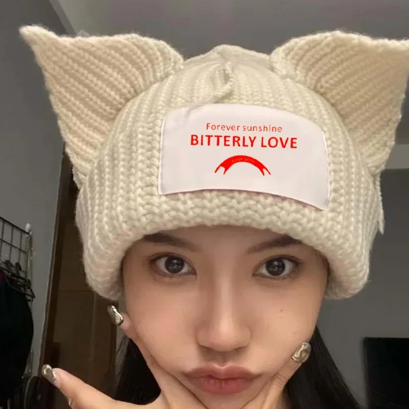 Funny Cat Ear Knitted Wool Hats Women Hip-hop Design Kpop Hooded Caps Gothic Kawaii Handmade Beanie Personality Bonnet Hat