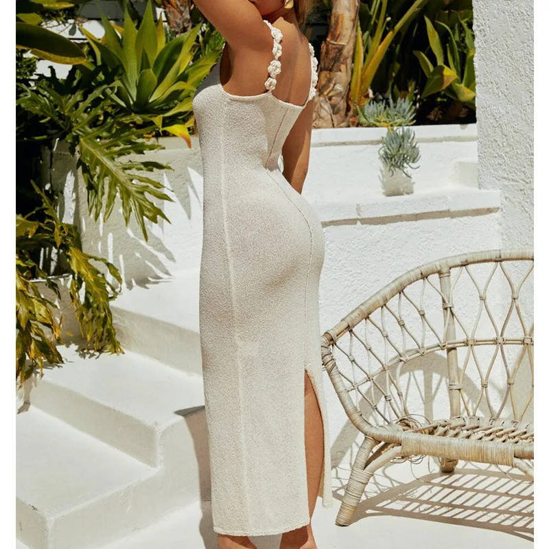 European and American 's Fashion Vacation Style Strap Bodycon with 3D Flowers Hot Girl Knitted Dress Women
