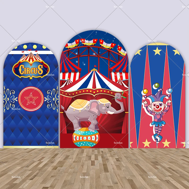 Blue and Red Carnival Circus Birthday Arched Wall Chiara Backdrop Clown Elephant Arch Background Photobooth