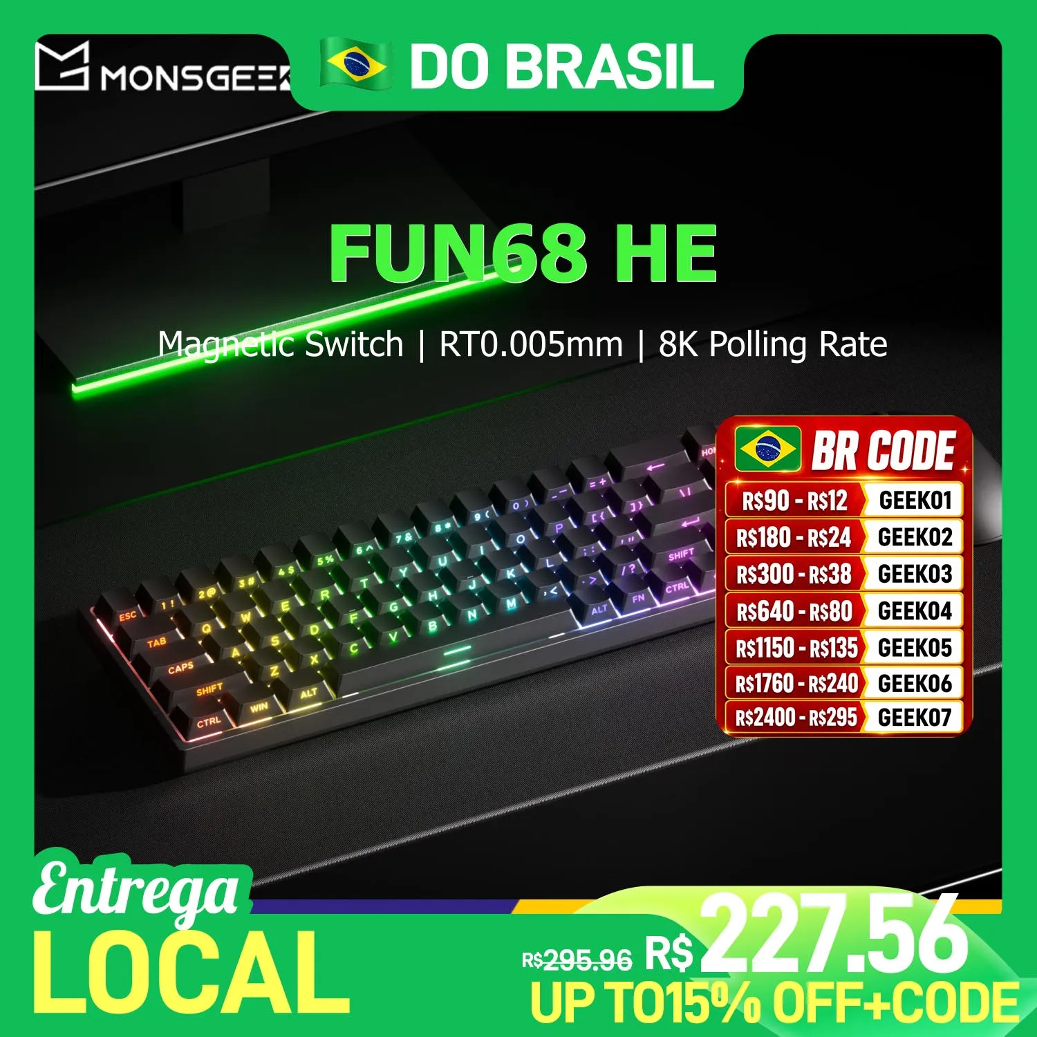 Akko MonsGeek FUN68 HE Teclado com interruptor magnético 65% gatilho rápido 0,005 mm 8K ARGB Teclado para jogos esportivos com fio para jogadores