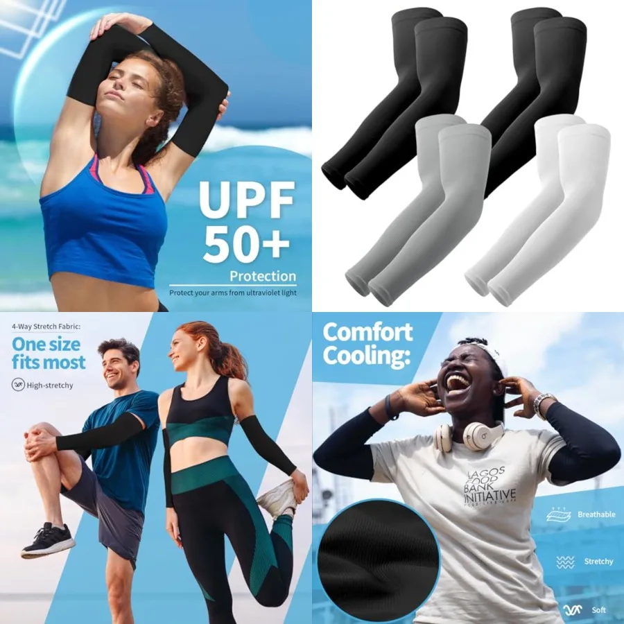 

UV Sun Protection Arm Sleeves for Men & Women,UPF 50 Cooling Sports Sleeve，4 Pairs，Black (2) + White (1) + Grey (1)