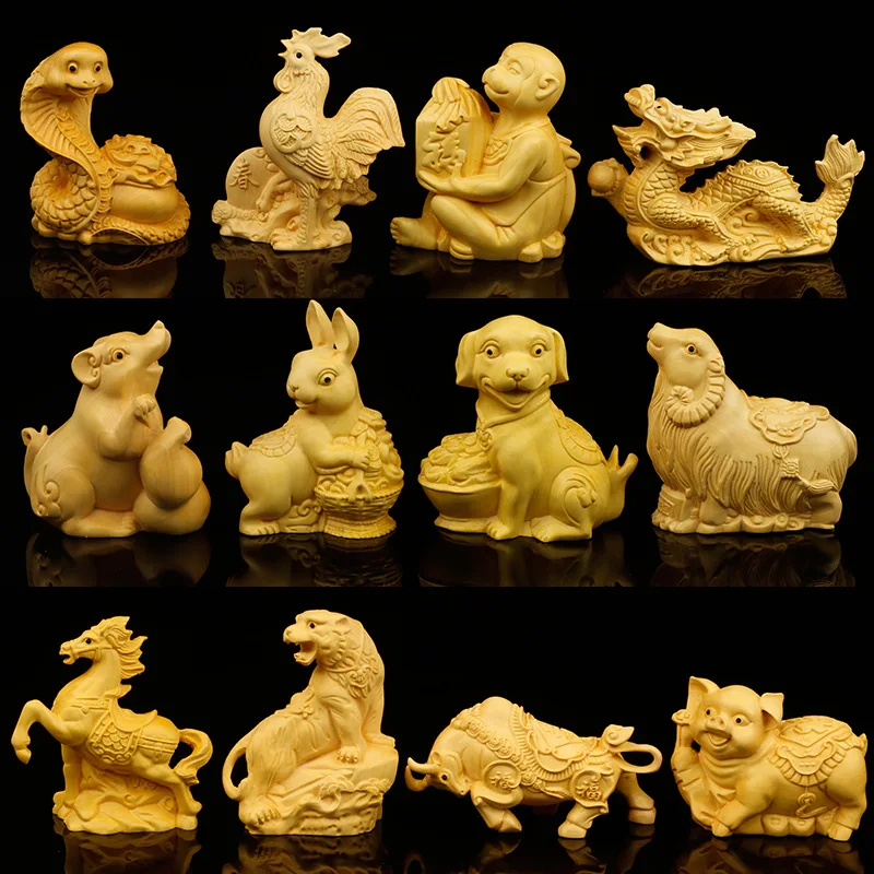 

Boxwood Craft Zodiac Monkey Rat Ox Tiger Rabbit Dragon Snake Horse and Sheep Monkey Chicken Dog Pig Geomancy Decoration Animal H