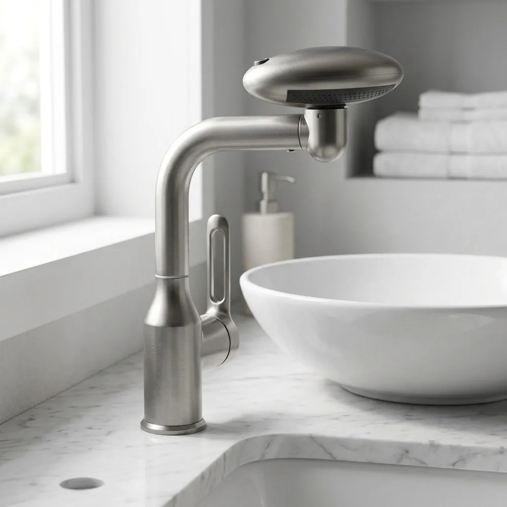 360 Degree Rotatable Gunmetal Sink Faucet Featuring Rain Waterfall Aerated Stream and Up Spray Modes for Bathroom Use