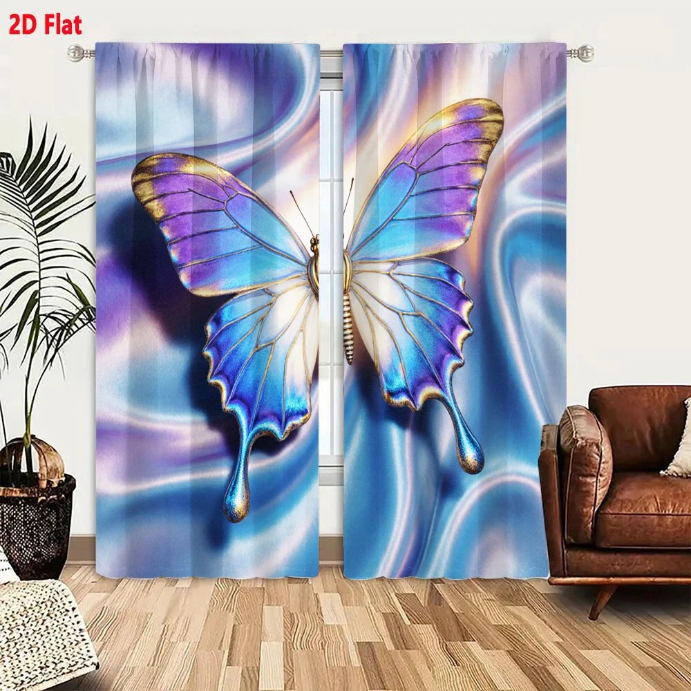 2Pcs Curtains 2D Flat Iridescent Butterfly with Ornate Blue Purple Gradient Wings Golden Edges Dreamy Ethereal Silk Background W