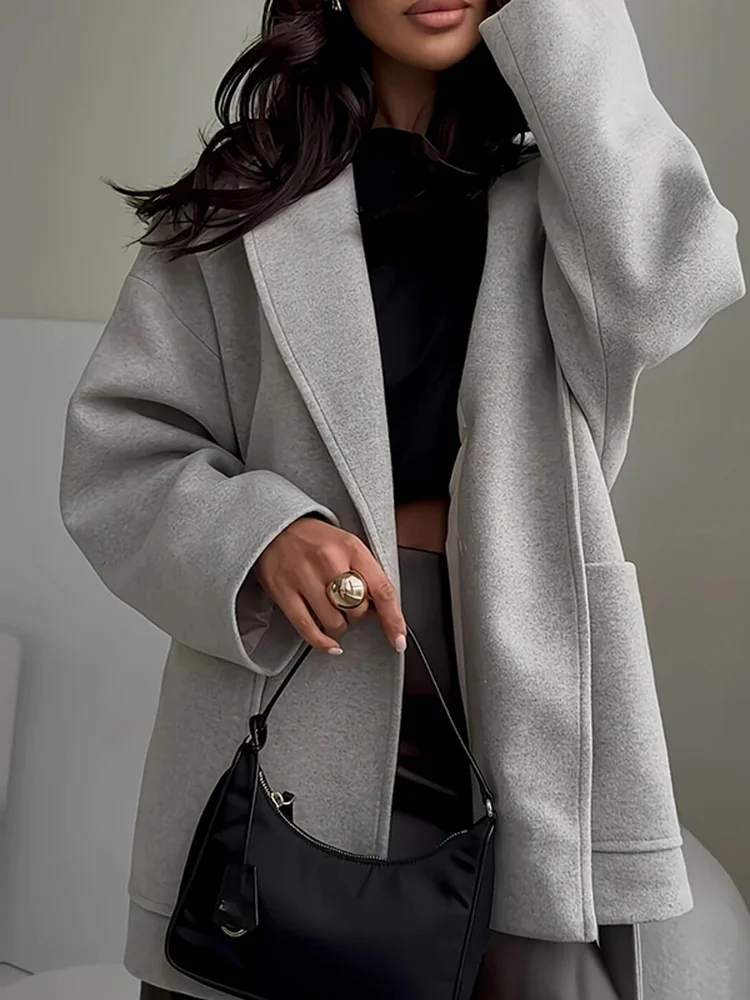 

Autumn Winter Thick Long Sleeved Woolen Coat Simple Solid Color Temperament Lace Up Jacket Women's Lapel Pocket Loose Outerwear