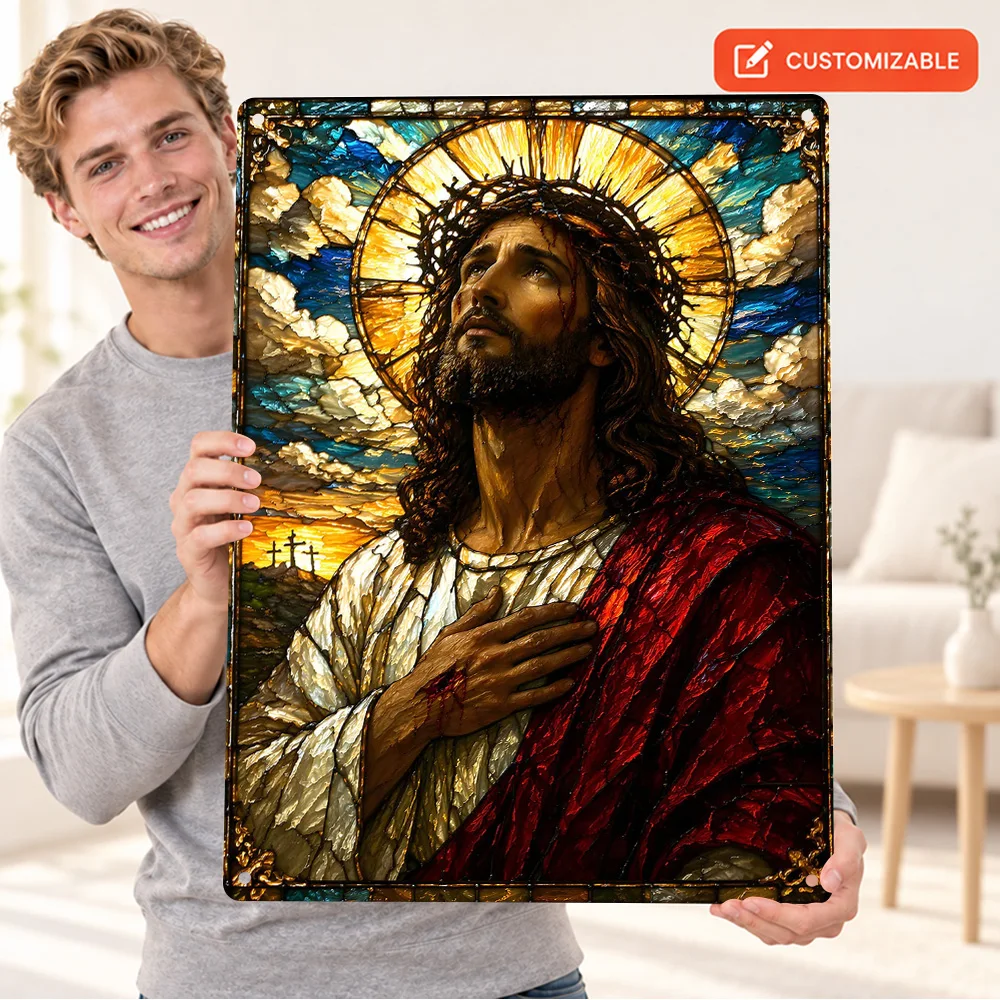 Stained Glass Jesus With Crown Of Thorns Christian Aluminum Poster Customized Metal Sign Colorful Wall Art For Bedroom Gift Idea