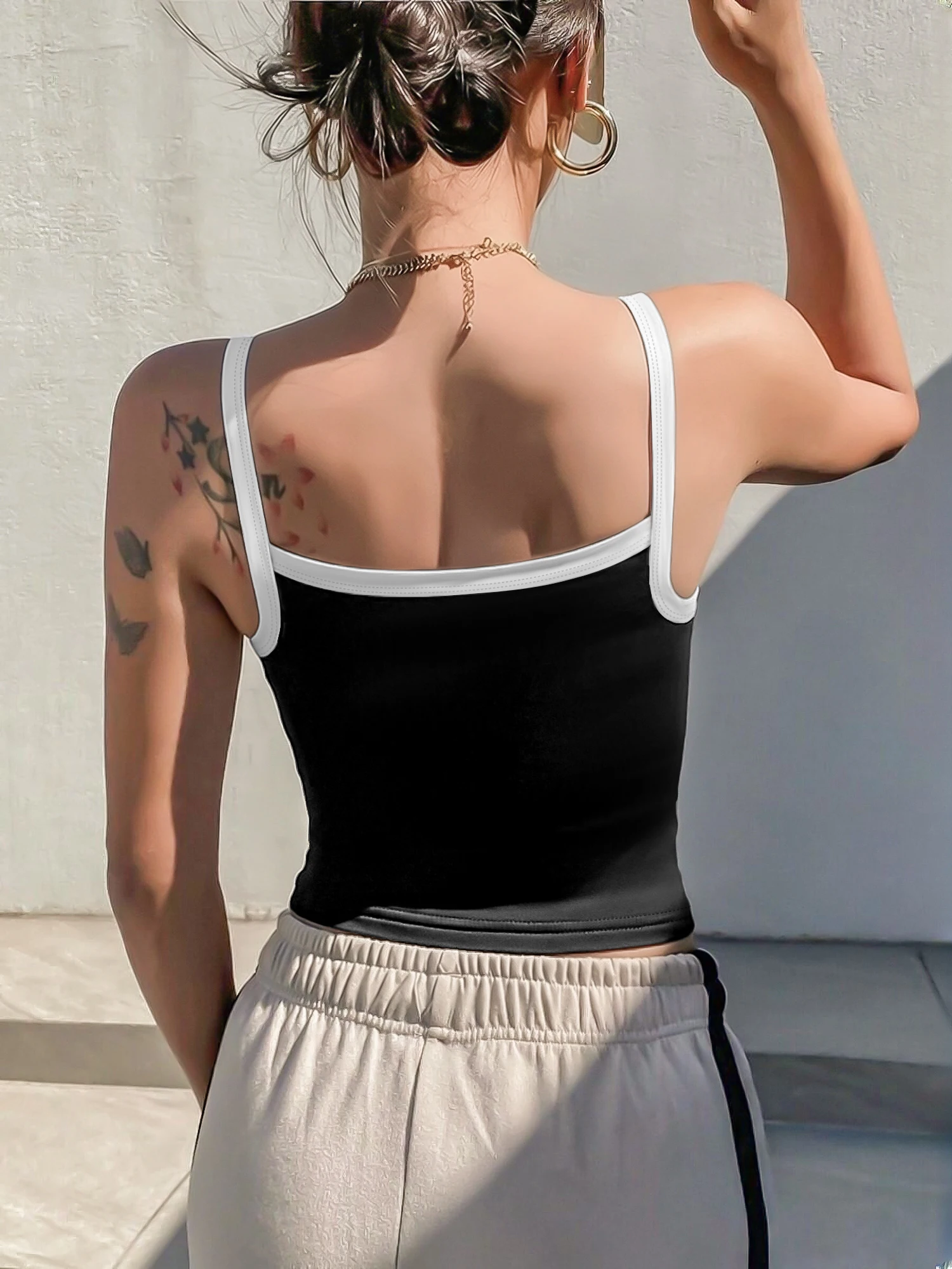Y2K Coquette Dopamine Contrast Binding Crop Cami Top Ladies Bodycon Sleeveless U‑Neck Tank Vest Street Fashion