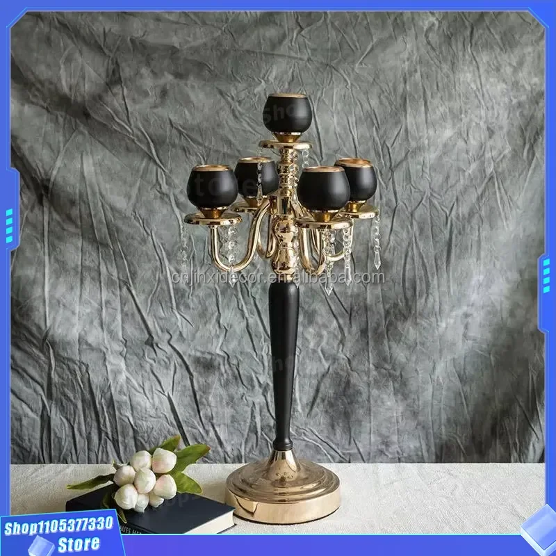 Elegant Black 5 Arm Candlestick Holder for Wedding Table Decor High Lotus Style Metal Candelabra Centerpiece Ornament for