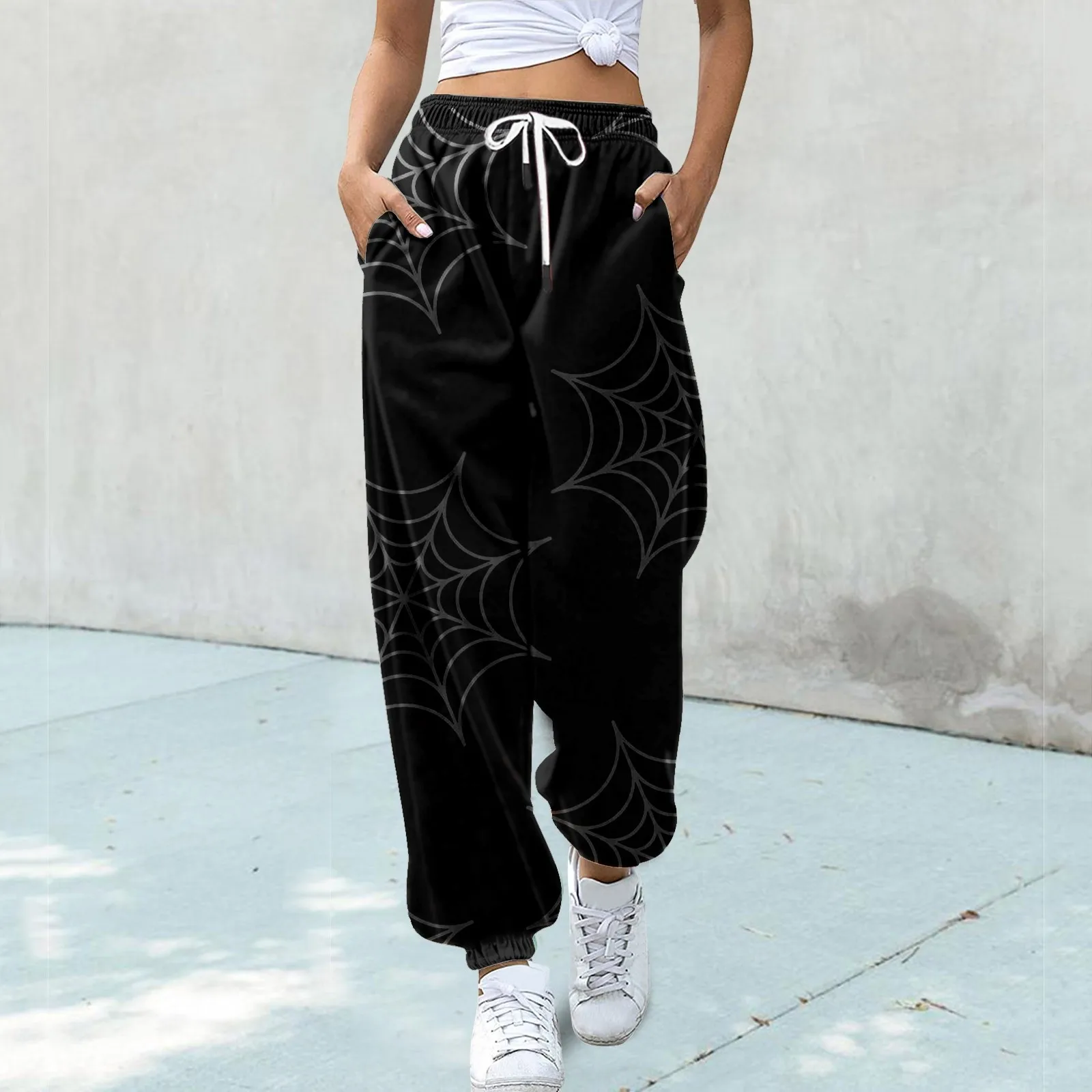 

Grunge Punk Spider Web Print Black Women'S Pants Goth Streetwear Oversize Wide Leg Trousers 90s Vintage Clothes Cargo Pants