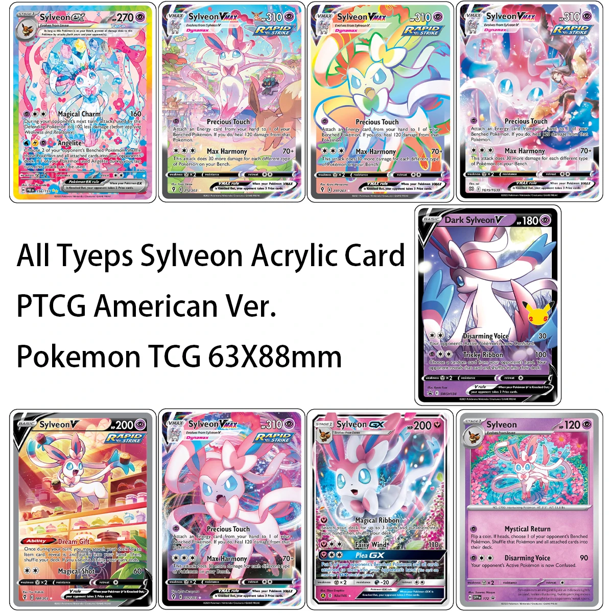 

All Tyeps Sylveon Acrylic Card PTCG American Ver. Eevee Pokemon TCG Double Sided Printed 63X88mm
