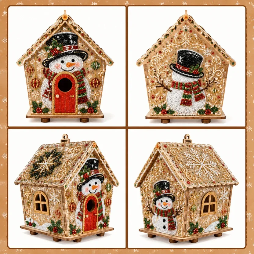 Diamond Painting Set, Weihnachtshaus aus Holz, DIY Lebkuchenhaus, 3D-Bausatz, Weihnachtsdekoration für Zuhause, Weihnachtsmann Schneemann Dee – Detail 2