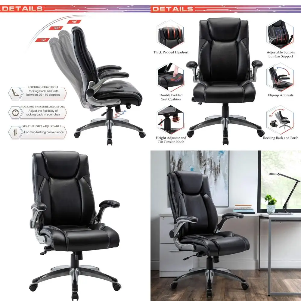 

Executive Leather Office Chair with High Back, Adjustable Lumbar Support, and Padded Armrests for Home and Work