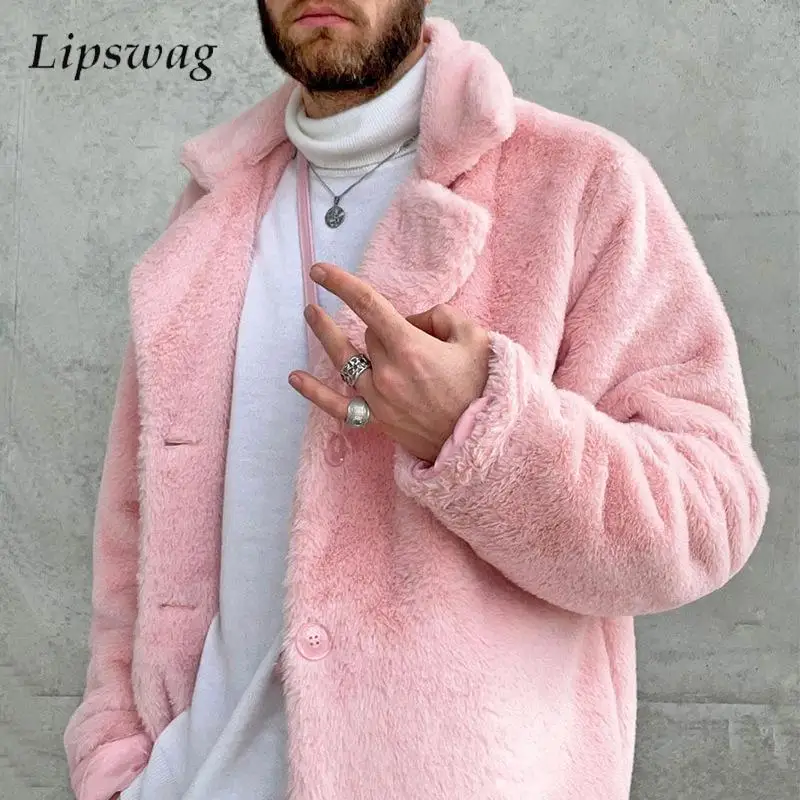 

Fall Winter Streetwear Mens Fleece Jacket Coat Stylish Solid Color Loose Furry Wool Coat For Men Casual Turn-down Collar Jackets