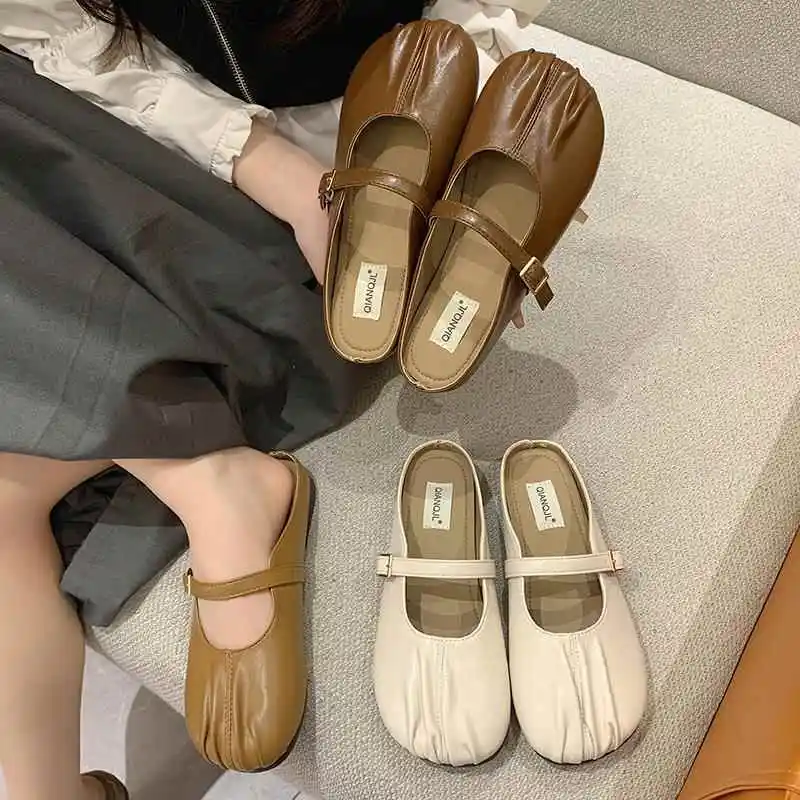 Women's Flat Mule Slippers Half Slippers Spring New Style Pleated Bean Bean Clog Shoes Korean Style Casual Slip-On Shoes