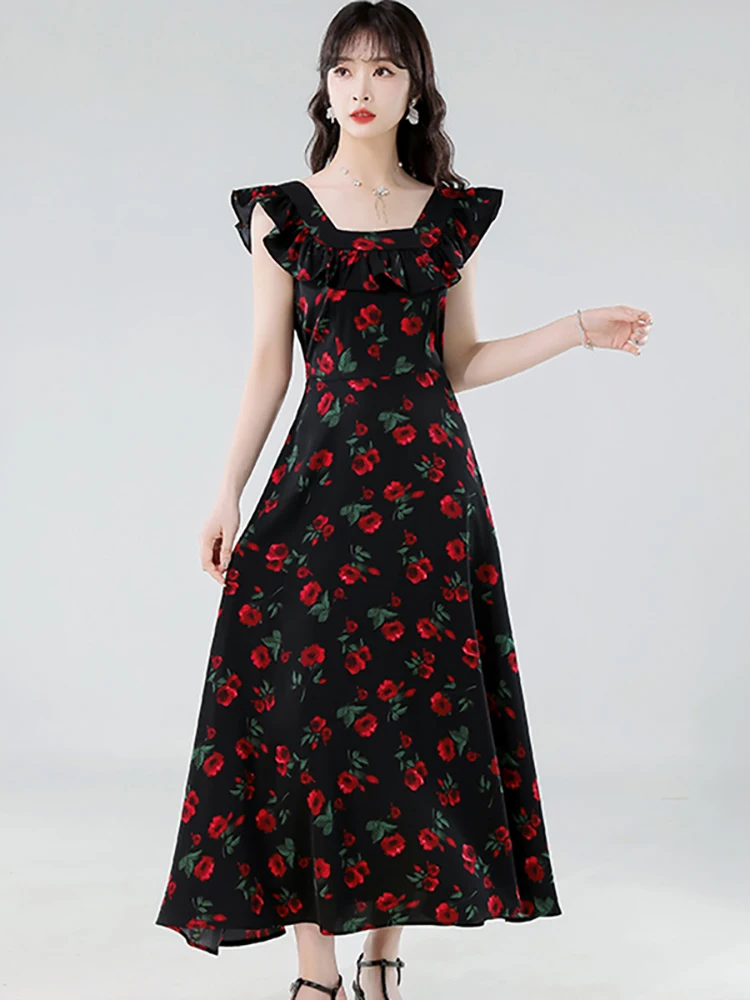 夏黒シフォンレッド花柄シックなフリルスクエアカラードレス女性韓国ヴィンテージヘップバーンドレス 2025 エレガントなボディコンドレス