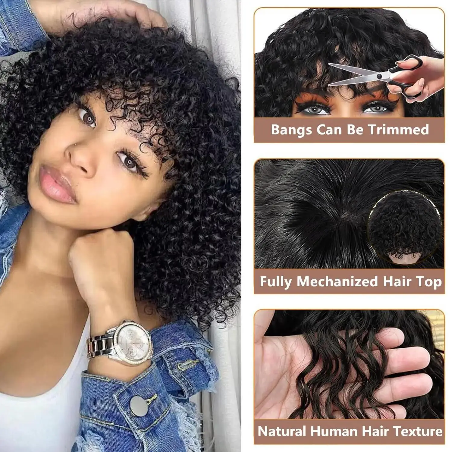 Kinky Curly Wig With Bangs Remy Brazilian Hair Full Machine Made Wigs Natural Color 10-30 Inch Curly Fringe Human Hair Wig