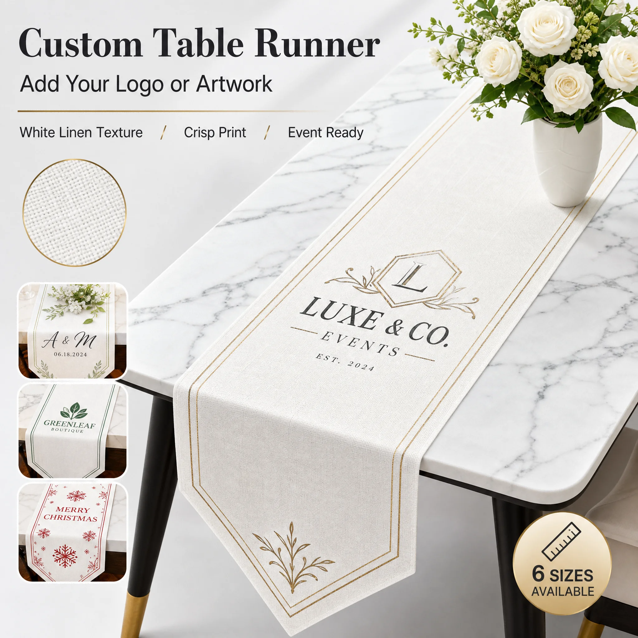 Custom Table Runner Personalized Linen Look Table Runner with Photo Name Logo Faux Linen Dining Table Decoration