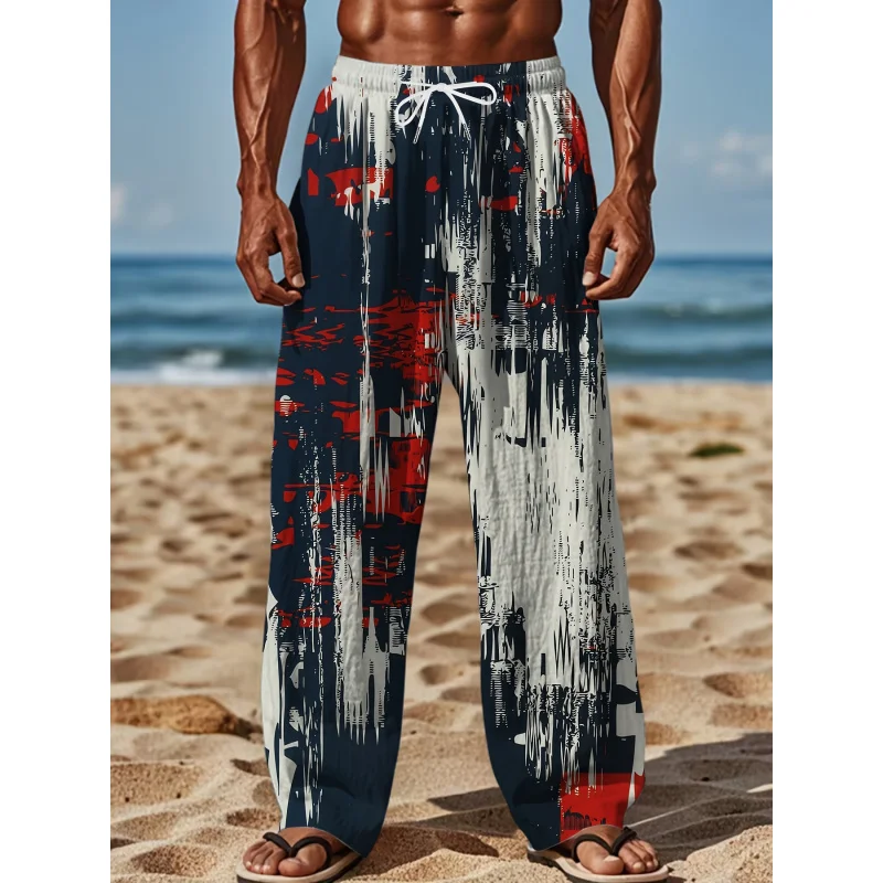 Pantalon rétro ample à jambes droites pour hommes, avec imprimé abstrait, décontracté, avec cordon de serrage, parfait pour les activités de plein air d'été, 2025