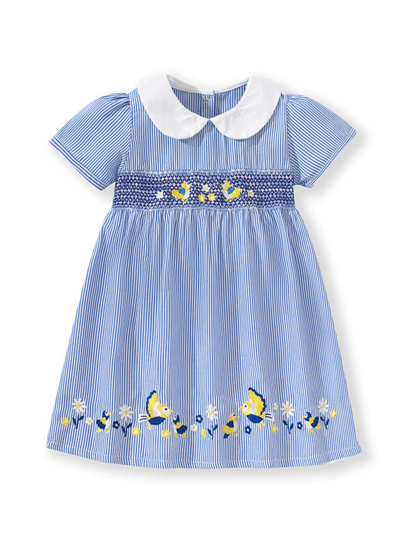 TUONXYE Baby Mädchen Gestreiftes Kleid mit Kragen, Gewebtem Stoff, Vogel- und Blumenstickerei, Kurzen Ärmeln und Knöpfen am Rücken, Sommerkleid für Kleinkinder. – Detail 2