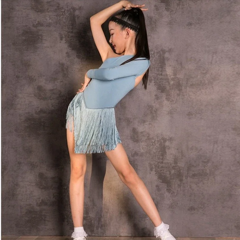 Kinderen Latin Dans Jurk voor Meisjes Blauw Lange mouwen Backless Turnpakje Kwasten Rok Pak Samba Training Optredens Kostuum