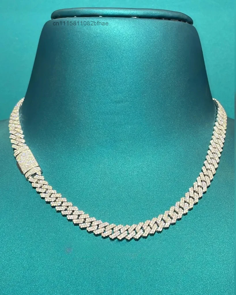 925 Silver Iced Out Cuban Link Chain Necklace with Moissanite Diamond and Box Encrusted Clasp Bold Luxury Statement Piece，