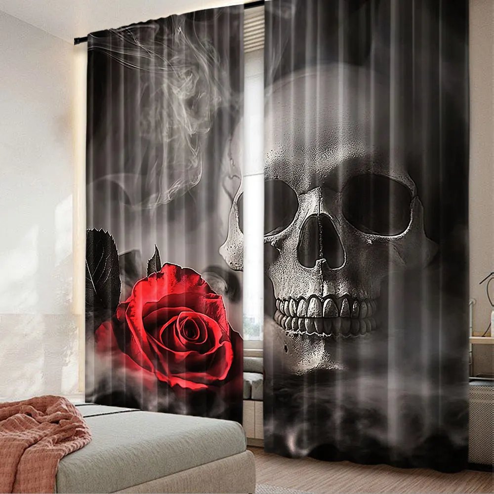 

2Pcs Sugar Skull Adult Curtain For Lover Sweetheart Roses Curtains Halloween Curtain Suitable For Living Room Dining Room