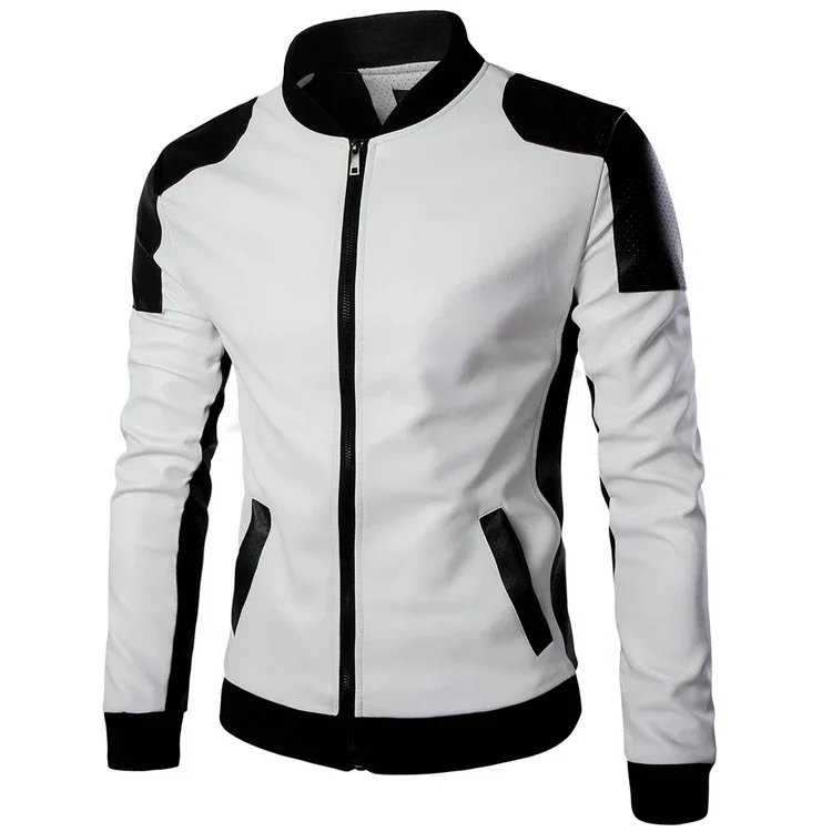 Top Quality Fashion Men White Leather Jackets and Coats Pu Match Color Overcoat