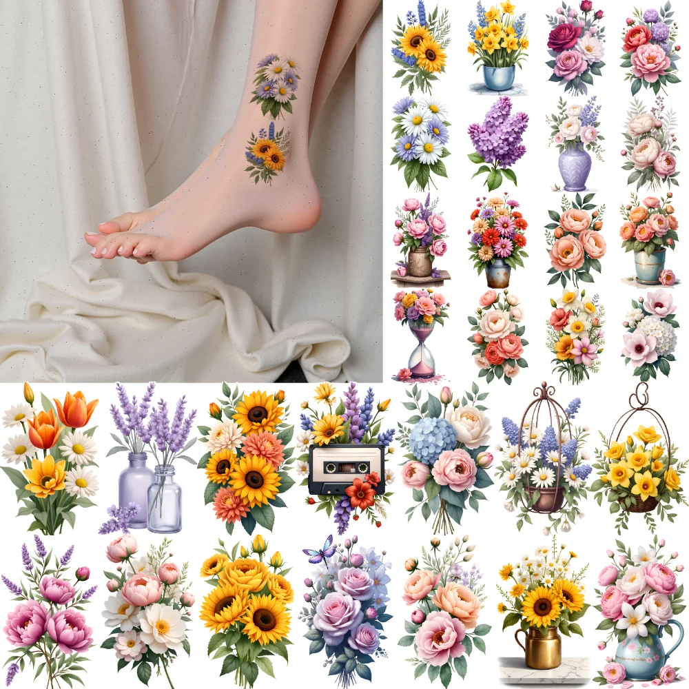 

63 шт., временные татуировки, цветочные наклейки, иллюстрации, декоративные наклейки, водонепроницаемые долговечные наклейки для тела для мужчин, щек